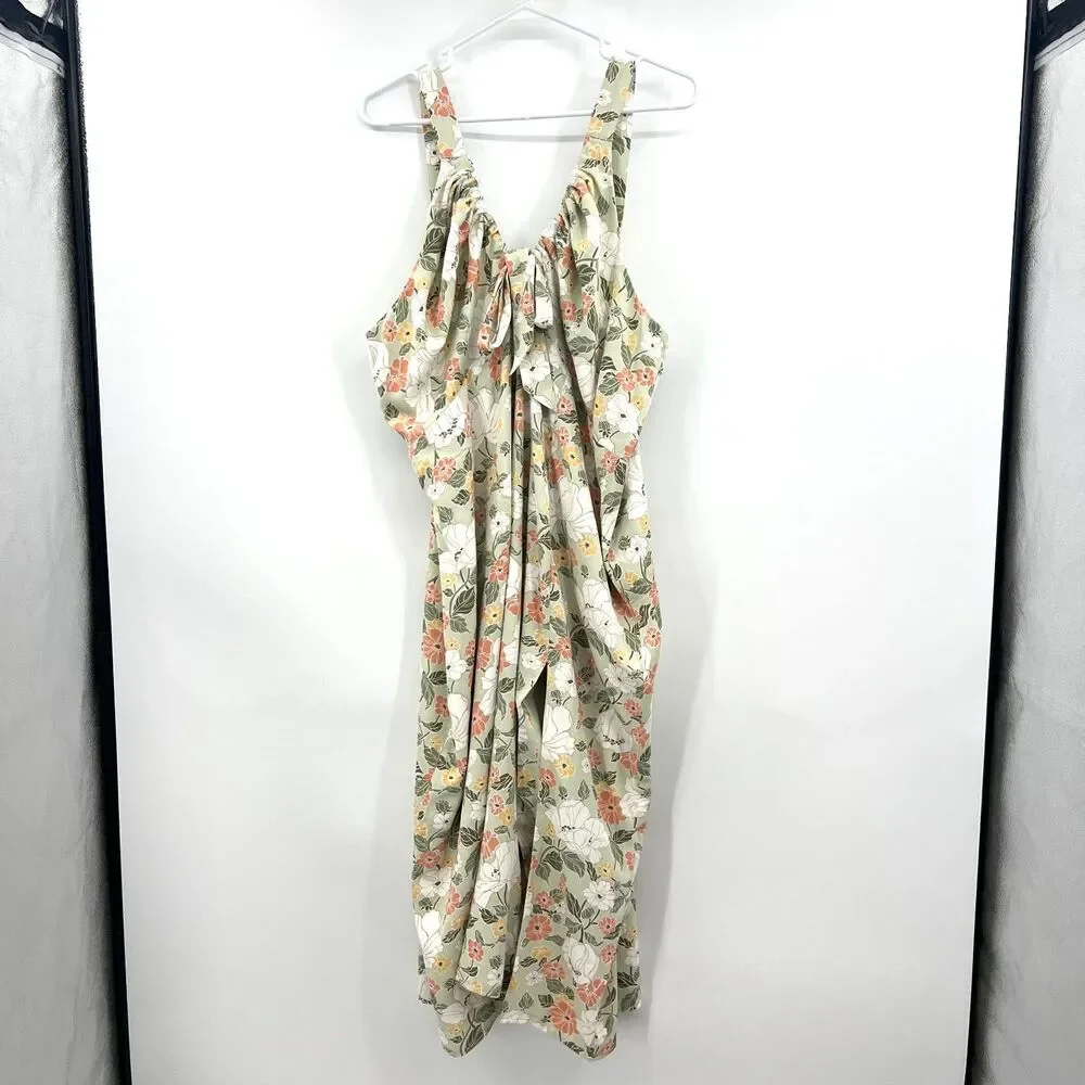 Abercrombie & Fitch Sage Green Floral Midi Dress Front Tie V-Neck Sleeveless XXL